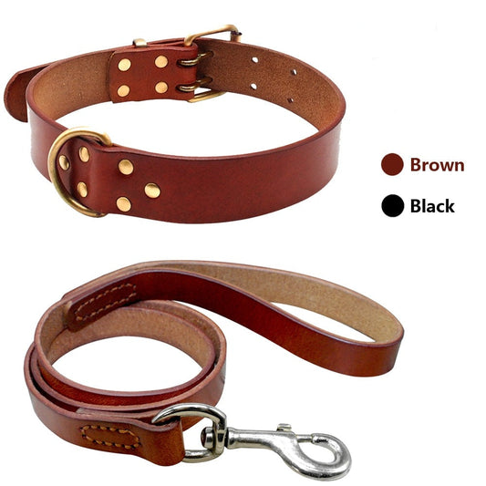 Genuine Leather Dog Collar & Leash Set