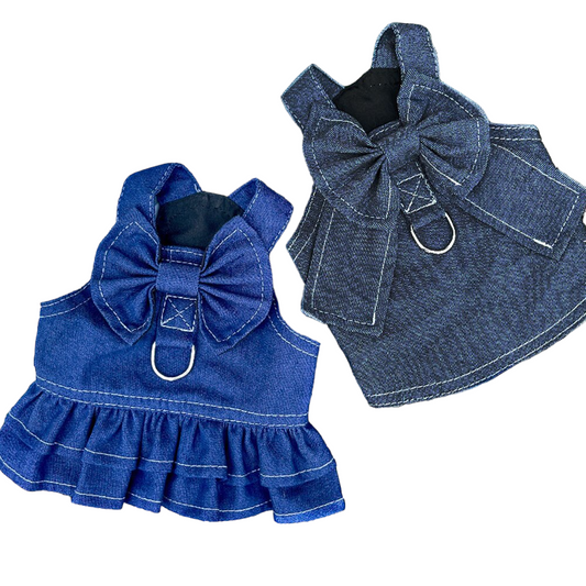 Pet Denim Dress Harness with Bowtie