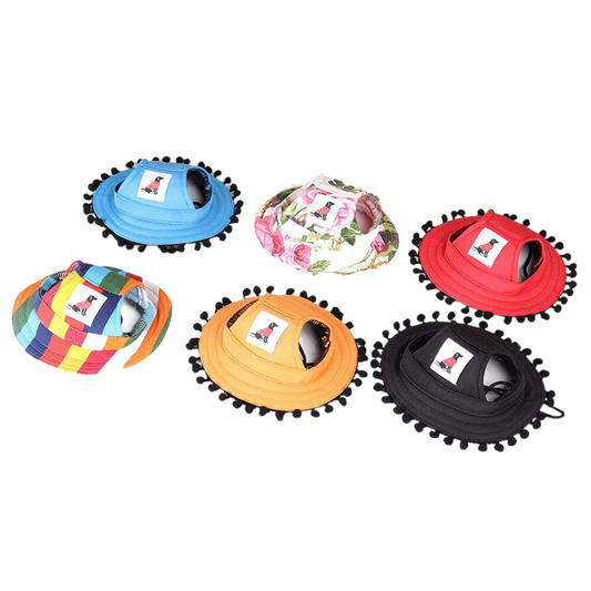 Round Brim Dog Sun Hat | Plush Ball Accents